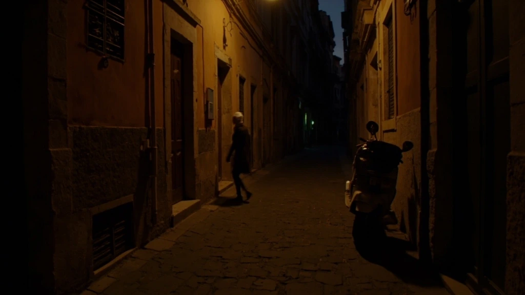 A narrow Roman alley at dusk, lit by a single warm window