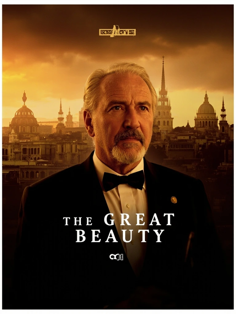 A cinematic poster evoking The Great Beauty, Rome after midnight