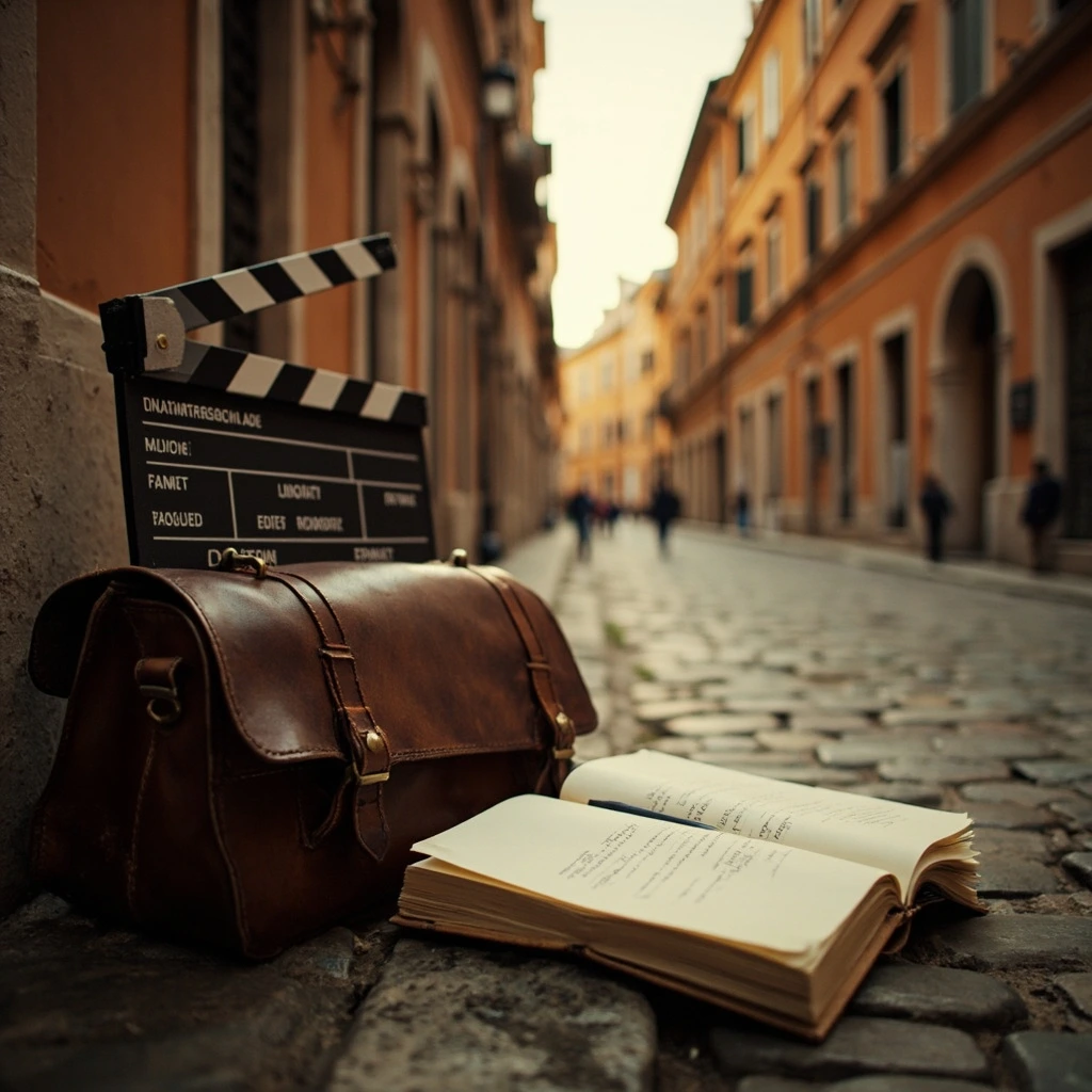 A RomeMovies editor's notebook open on a Trastevere cobblestone, beside a worn satchel and a vintage film clapperboard.