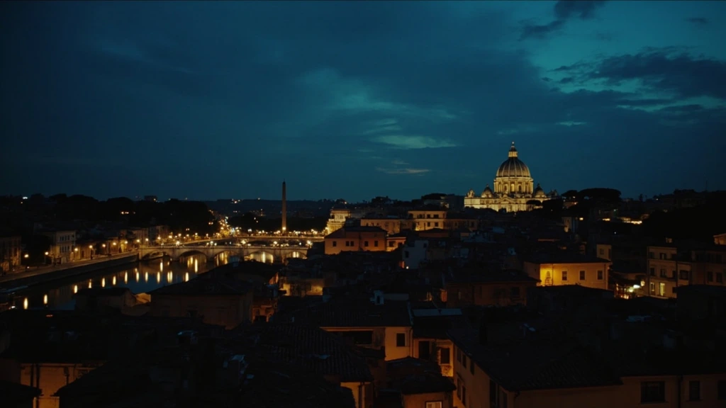 Rome at dusk with the Tiber and St Peter's dome in silhouette