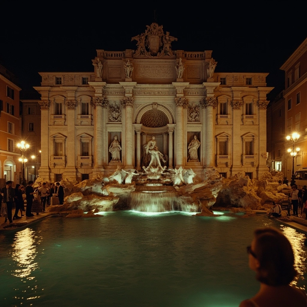Trevi Fountain at night, the opening pin of La Dolce Vita's seven-mile Roman walk