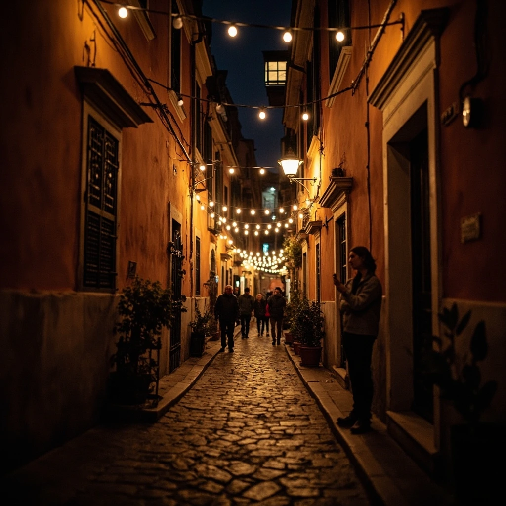 Trastevere alley at night with string lights