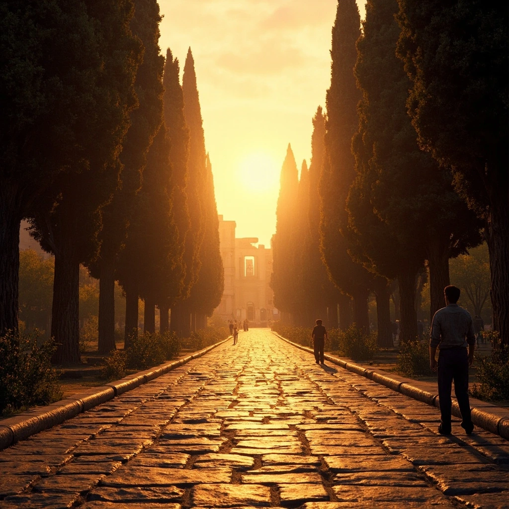 Via Appia Antica paving stones lined with cypresses